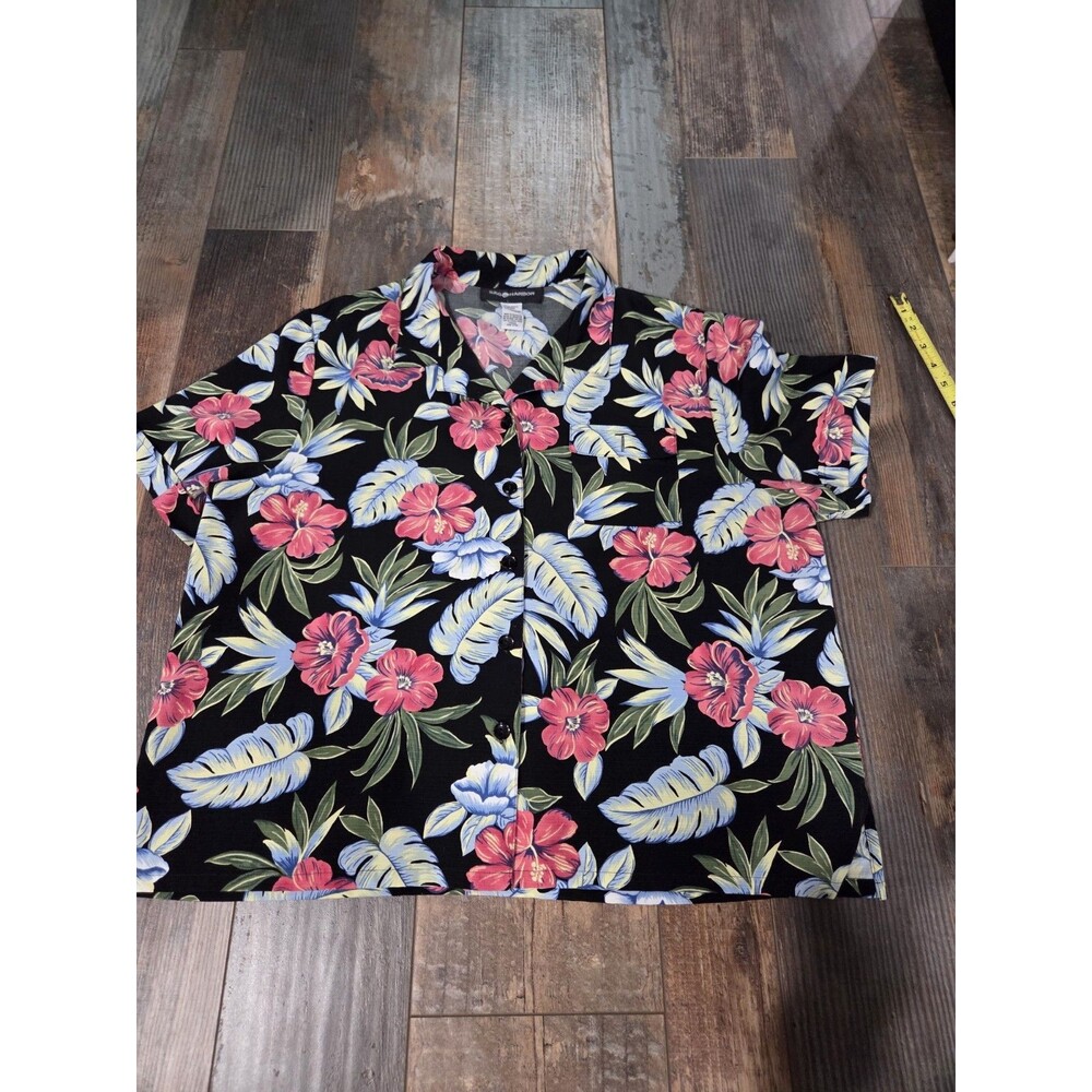 Sag Harbor Ladies XL Button Up Cuffed S/S Blouse Polyester Hawaiian Floral B21